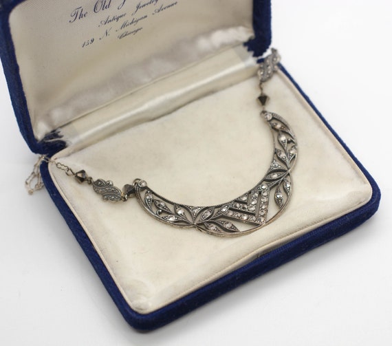 Art Deco Necklace | Silver Marcasite Green Jade 19