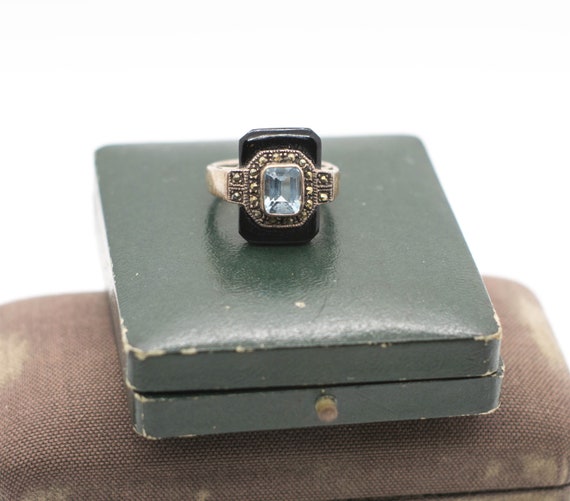 Vintage Onyx Blue Topaz Sterling Silver Marcasite… - image 7