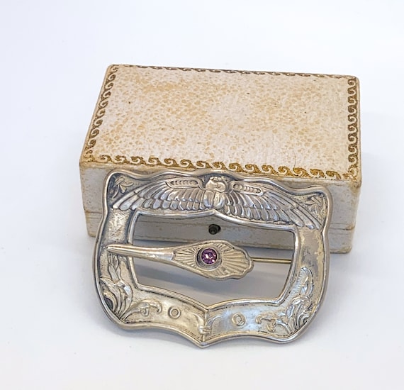 Antique Egyptian Revival Silver Sash Pin Brooch with Scarab and Lotus | Large Antique brooch