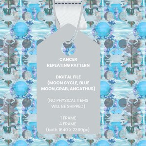 Può includere: Download digitale di un motivo ripetitivo con una luna blu, un granchio e fiori. Il motivo è etichettato "Cancer Repeating Pattern" ed è disponibile in due dimensioni: 1640 x 2360 pixel.