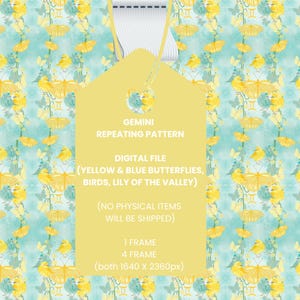 Può includere: Un download digitale di un motivo ripetitivo con farfalle gialle e blu, uccelli e fiori di mughetto su uno sfondo blu chiaro. Il motivo è disponibile in due dimensioni: 1640 x 2360 pixel.