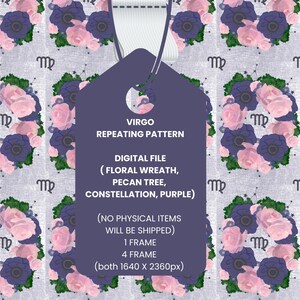 Virgo Floral Wreath Seamless Digital Pattern | Virgo Design | Pink and Purple Flowers, Pecan Trees, Constellation | Vintage Cloth Background