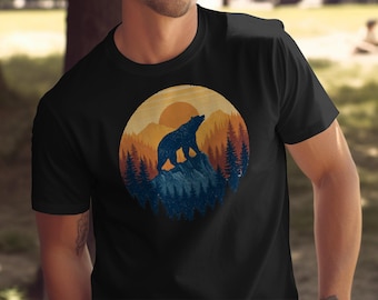 Camiseta con silueta de oso y atardecer en el bosque, arte de vida silvestre de montaña, amante de la naturaleza, estilo retro vintage con estampado de oso en el bosque.