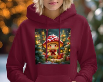 Bonita sudadera con capucha de hongo para niños, regalo navideño, acogedora sudadera con capucha con temática navideña de invierno, adorable y acogedora sudadera navideña