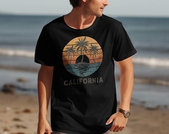 Camiseta con estampado vintage de palmeras californianas al atardecer, playera retro playera, playera desgastada para vacaciones de verano, top con estampado de isla tropical