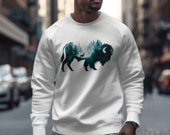 Sudadera con silueta de bosque de bisontes, sudadera con escena de naturaleza de bisontes y ciervos, sudadera con vida silvestre, sudadera con arte animal, sudadera con escena de bosque