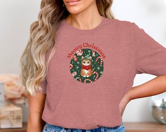 Linda camiseta navideña con gato maullando, camiseta festiva para amantes de los gatos, camiseta festiva de gatito, camiseta navideña con gato, regalo navideño para amantes de los gatos