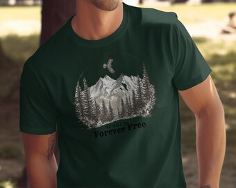 Camiseta "Forever Free Mountain Landscape", camiseta con gráfico de naturaleza con águila volando, regalo para amantes de la aventura, camiseta para senderistas en la naturaleza, entusiastas de las actividades al aire libre