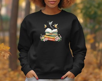 Sudadera de Libros Encantados, con un adorable dibujo de dragón y hadas de fantasía, estampado de flores de colores, ropa acogedora para leer, ropa de criaturas míticas