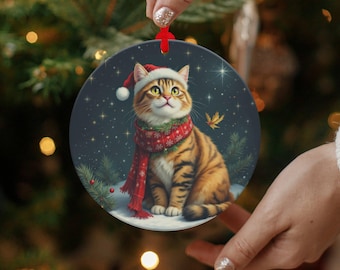 Adorno navideño de gato: Gatito con gorro de Papá Noel, decoración festiva