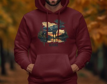 Sudadera con capucha Alaska Moose Mountain Reflection, ropa de vida salvaje de Alaska, regalo para amantes de la naturaleza, sudadera única con capucha, ropa de aventura al aire libre