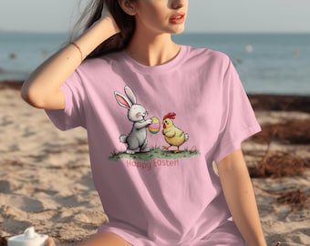 Bonita camiseta de conejo y pollito de Pascua, camiseta de búsqueda de huevos de Pascua, camiseta con gráfico de Feliz Pascua, divertido diseño de Pascua, camiseta festiva de primavera