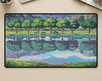 Landscape TCG Gaming Mat, Peaceful Lake Reflection Playmat, Serene Nature Scene TCG Mat, Tranquil Gamer Desk Mat, Vibrant Green Scenery