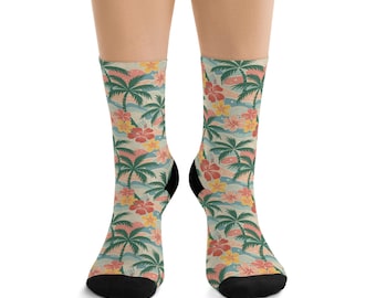 Calcetines ecológicos con flores tropicales / Calcetines de poliéster reciclado, regalo, estilo veraniego, accesorios de playa, moda sostenible, colección de calcetines divertidos