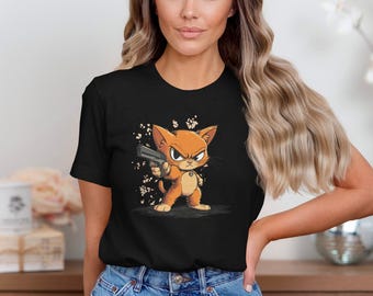 Grumpy Cat with Gun T-Shirt, Vintage Cartoon Graphic Tee