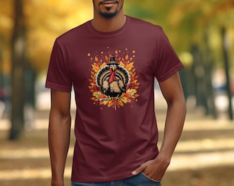 Camiseta de pavo de Acción de Gracias, camiseta de cosecha de otoño, camiseta con gráfico de hojas de otoño, arte de pavo con sombrero de peregrino, lindo regalo de Acción de Gracias