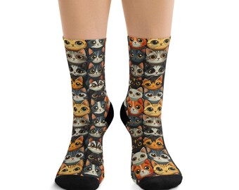 Calcetines de gato extravagantes, calcetines de poliéster reciclado ecológicos, regalo divertido para amantes de los gatos, calcetines de animales únicos para uso diario, lindo patrón de gato
