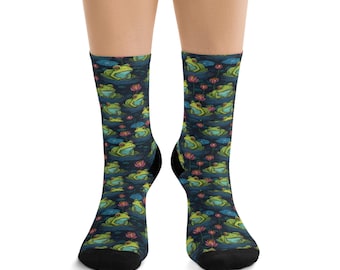 Froggy Socks, Eco-Friendly Footwear, Lily Pad Design, Fun Animal Print, Sustainable Apparel