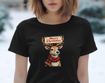 Camiseta navideña con renos, lindo reno con bufanda a cuadros, camiseta con estampado de animales navideños, camiseta con estampado festivo de renos