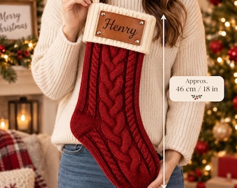 Personalized Knit Christmas Stocking with Name, Engraved Leather Patch, Family Holiday Stocking