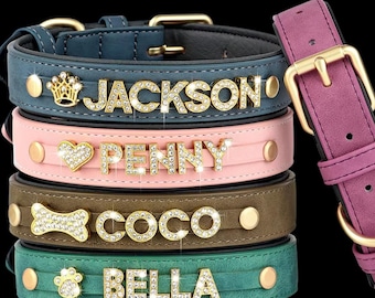 Personalized Dog Collar, Leather Dog Collar with Alphabets and Charms, Dog tag Necklace, Leather Collar, Gifts for dog lovers, Gift for him.