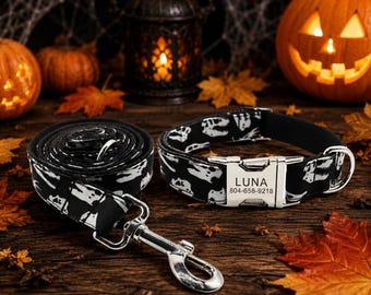Personalized Halloween Dog Collar & Leash Set, Skull Dog Collar with Engraved Name