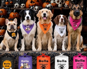 Bandana d'Halloween pour chien personnalisé - Écharpe effrayante personnalisée avec nom, accessoire de costume de fête pour animal de compagnie 2025, déguisement de chien, cadeau d'Halloween.