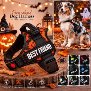 Peut inclure: Un harnais pour chien noir avec un motif de citrouilles orange, une poignée supérieure robuste et un écusson rectangulaire portant le texte blanc BEST FRIEND. Le harnais comprend des sangles noires réglables, un anneau en D et une boucle à bouton rouge.