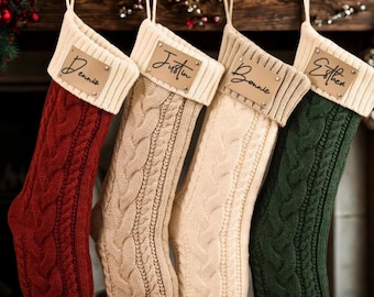 Medias de cuero con parche grabado 2025, medias navideñas con nombre, medias navideñas, medias tejidas, juego de medias familiar, regalo de decoración navideña