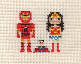 Custom Superhero Family Portrait - Cross Stitch in Pixel Art Style (Framed)