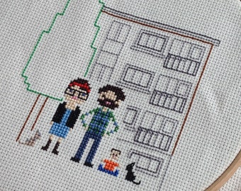 Large New Home Family Portrait - Cross Stitch in Pixel Art Style (Framed)