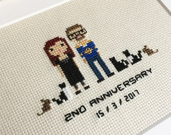 Retrato personalizado de aniversario de boda en punto de cruz en estilo pixel art (enmarcado)