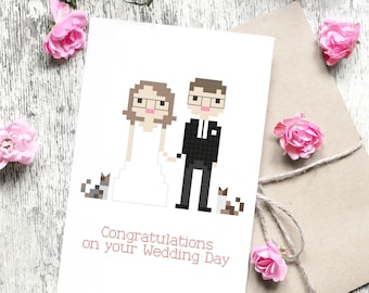 Tarjeta de boda ilustrada personalizada en estilo Pixel Art (archivo digital)