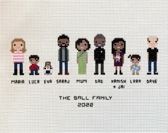 Retrato familiar personalizado extragrande en punto de cruz estilo pixel art (sin marco)