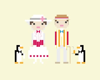 Patrón de punto de cruz con retrato de píxeles alegres navideños inspirado en Mary Poppins (PDF)