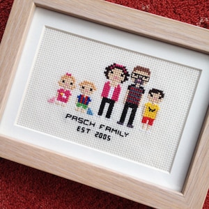 Custom Cross Stitch Family Portrait in Pixel Art Style Framed image 1