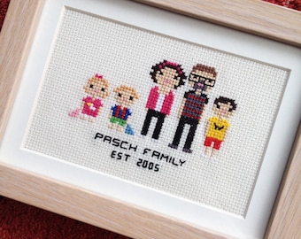 Retrato familiar personalizado en punto de cruz estilo pixel art (enmarcado)