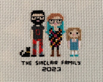 Custom Cross Stitch Family Portrait in Pixel Art Style (Unframed)