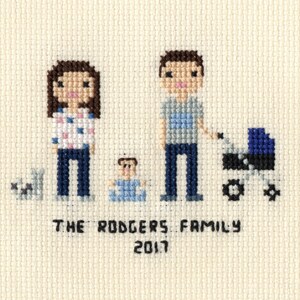 New Baby Cross Stitch Family Portrait in Pixel Art Style Framed image 2