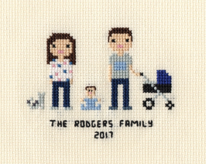 New Baby Cross Stitch Family Portrait in Pixel Art Style Framed image 2