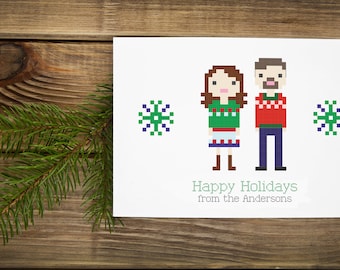 Aangepaste geïllustreerde kerstkaart voor het hele gezin in pixelartstijl (digitaal bestand)
