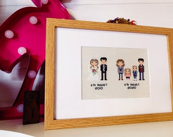 Then and Now Family Portrait - Cross Stitch in Pixel Art Style (Framed)