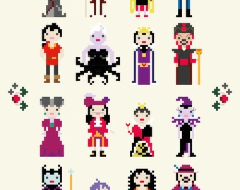 Fairytale Movie Villains Cross Stitch Pattern Pixel Sampler - PDF Pattern