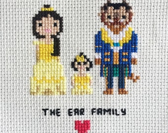 Custom Fairytale Movie Inspired Family Portrait - Cross Stitch in Pixel Art Style (Framed)