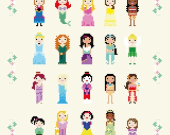 Fairytale Movie Princess Cross Stitch Pixel Sampler - PDF Pattern