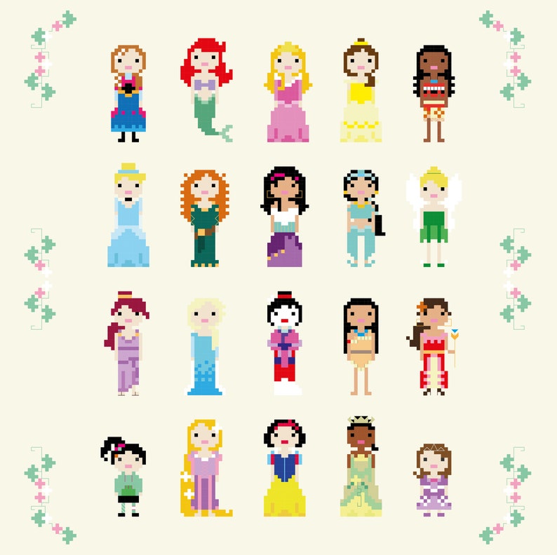 Fairytale Movie Princess Cross Stitch Pixel Sampler PDF Pattern image 1