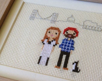 Custom Location Family Portrait - Cross Stitch  in Pixel Art Style (Framed)