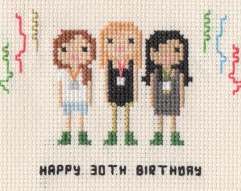 Custom Birthday Family / Friend Portrait - Cross Stitch in Pixel Art Style (Framed)