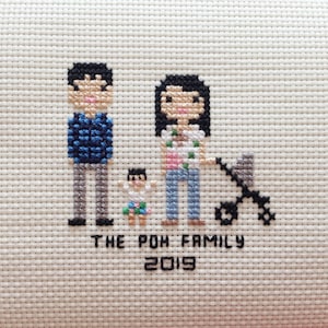 New Baby Cross Stitch Family Portrait in Pixel Art Style Framed image 1