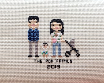 New Baby Cross Stitch Family Portrait in Pixel Art Style (Framed)